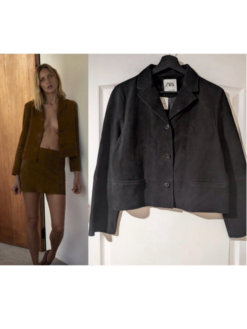 NEW Zara | Suede Leather Button-down Blazer In Black